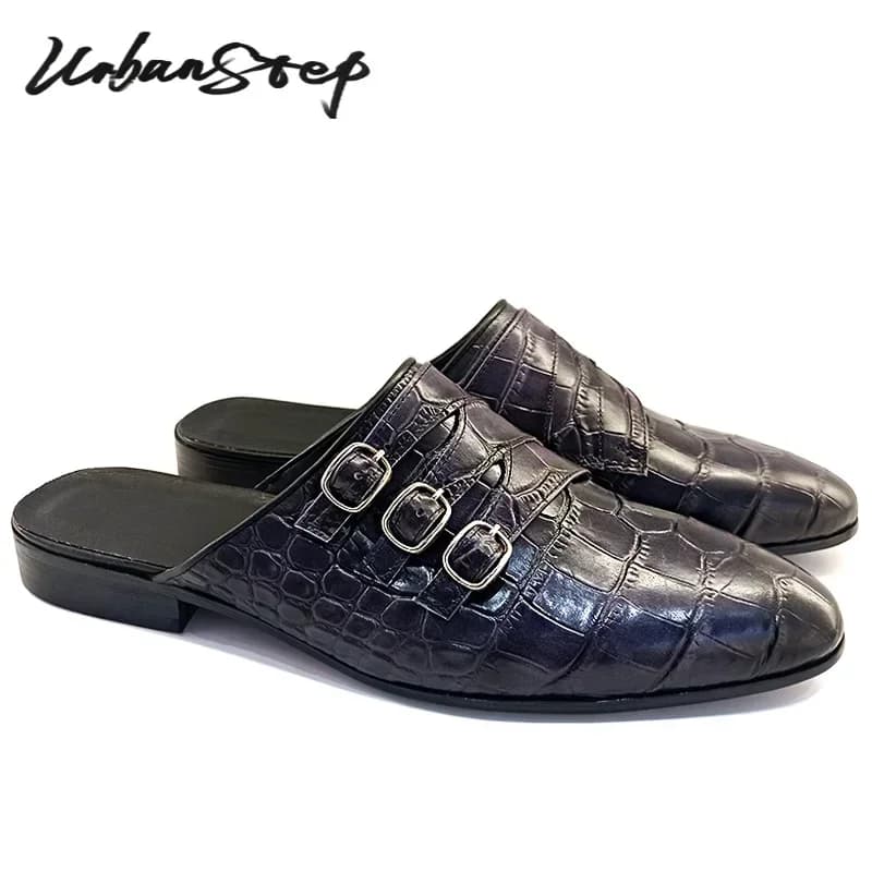 LUXURY DESIGNER MEN'S MULES SUMMER SHOES GREY CAUSAL DRESS MAN SHOES COMFORTABLE BUCKLE STRAP LEATHER HALF SHOES FOR MEN
