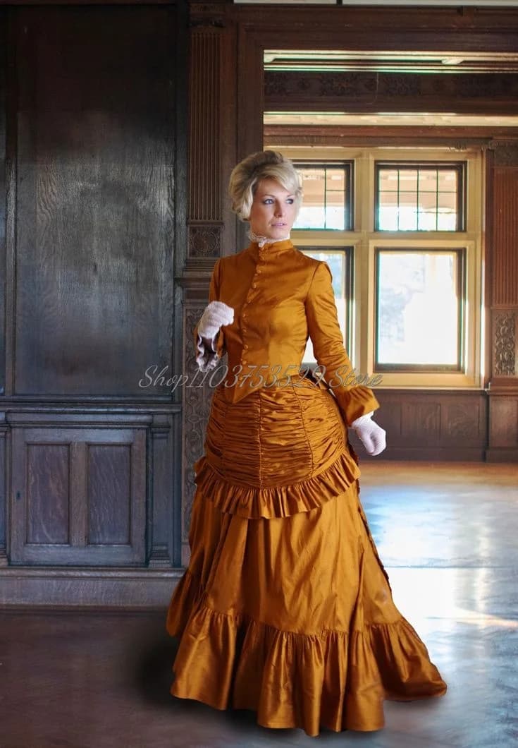 Medieval Vintage Goose Yellow Prom Dresses Simple Victorian Ruffle Hem Pleated Poncho Elegant High Neck Lace Long Sleeve Custom