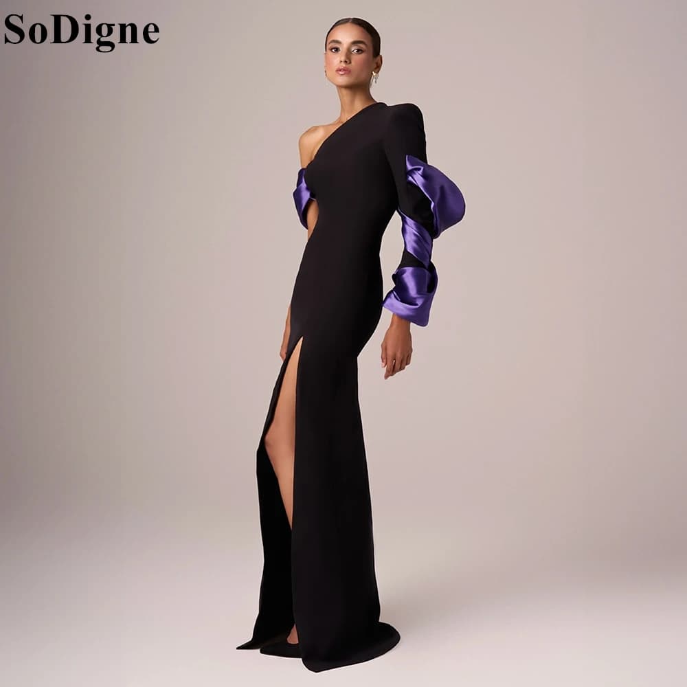SoDigne Elegant Black Evening Dresses Mermaid Side Slit One Shoulder Ruffles Party Dress 2025 Sexy Women Prom Gowns Customized