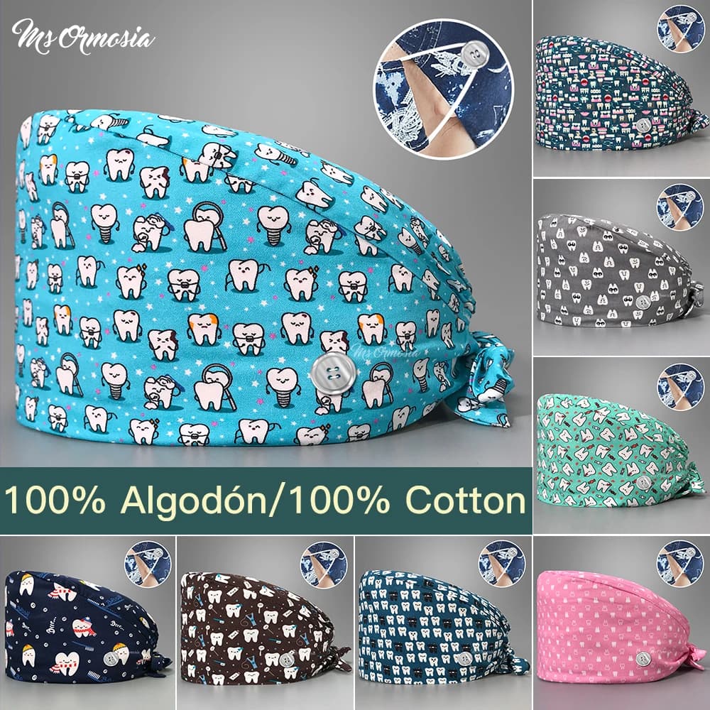 Unisex scrubs caps Adjustable cotton tooth printing hats High Quality adjustable sweat-absorbent Elastic multicolor scrubs hats