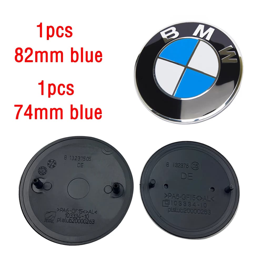 2pcs 82mm 74mm Car Front Hood Emblem Rear Trunk Badge for E30 E38 E39 E46 E60 E61 E90 X1 X3 X4 X5 X6 E70 E83 X5 F10 F30 F32