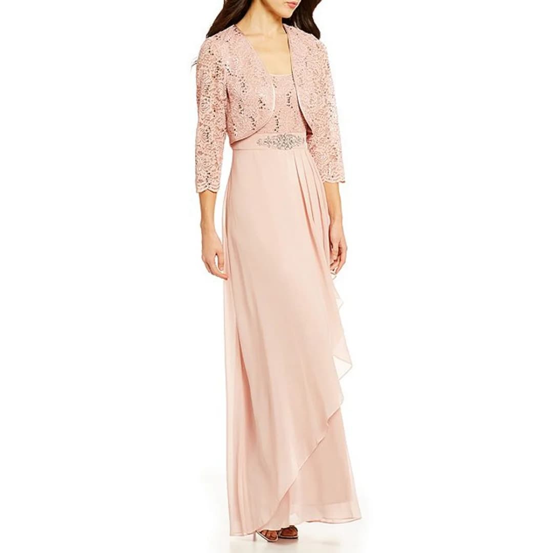 Customized Blush Chiffon Mother of the Bride Dresses for Weddings Bolero Lace Jacket Draped A-Line Formal Bridal Party Gowns