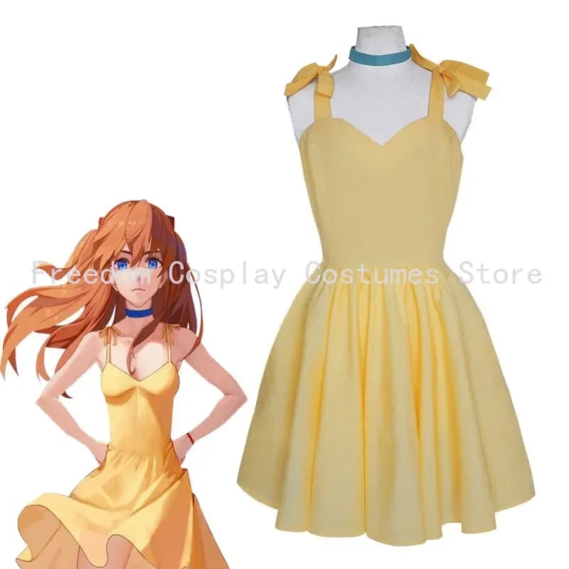2024 Anime Asuka Langley Soryu Cosplay Costume Women Yellow Slip Dress Summer Fashion Clothes Halloween Party Outfits