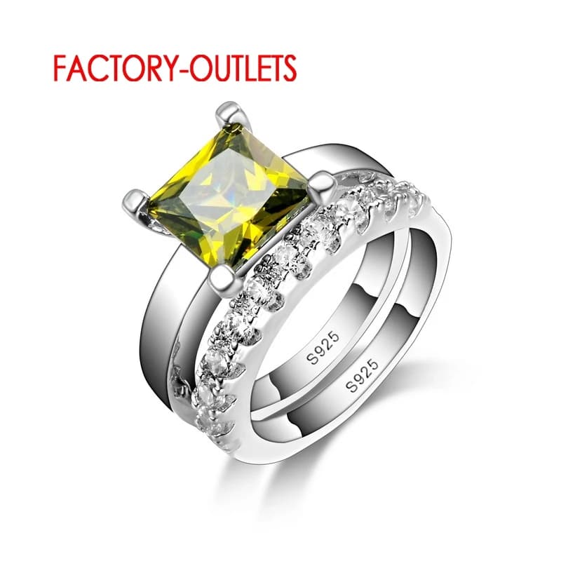New Elegant Yellow Cubic Zirconia Crystal 925 Women Wedding Ring Set Brand Princess Cut Engagement Ring