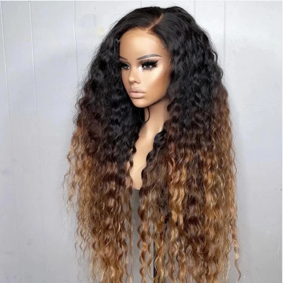 Soft 26Inch Ombre Brown Blonde Preplucked Kinky Curly Lace Front Wig Long 180Density For Black Women BabyHair Glueless Daily