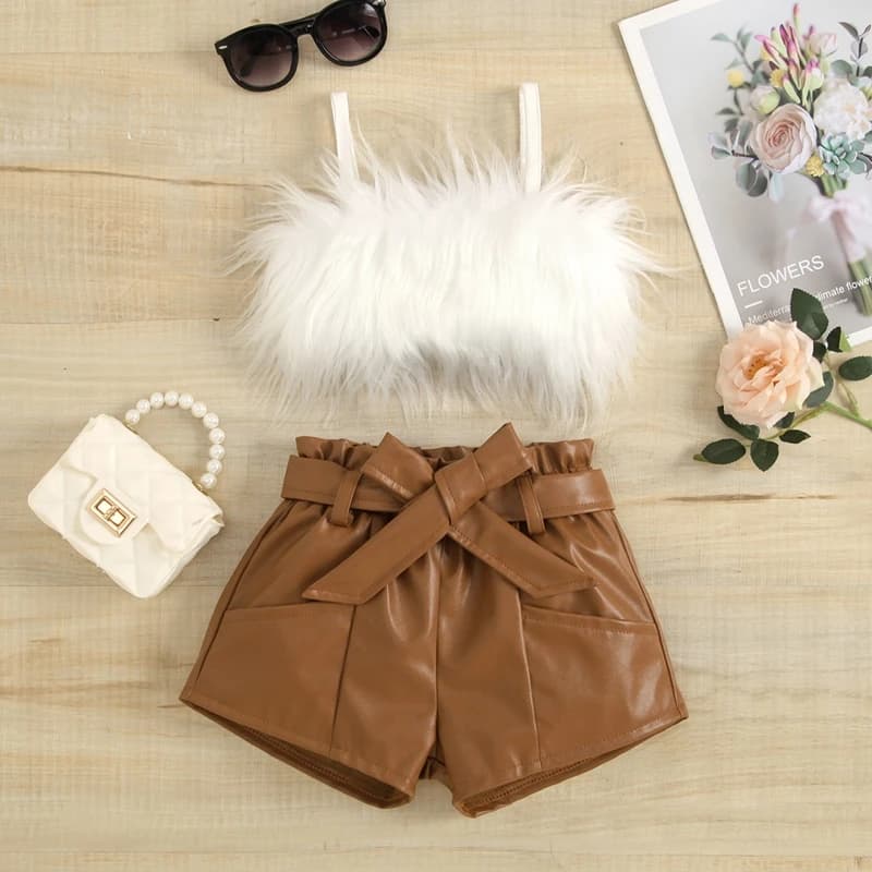Baby Girl Summer Clothes Fluffy Fur Camisole Vest PU Leather High Waist Shorts Set Cute Baby Girls Clothing