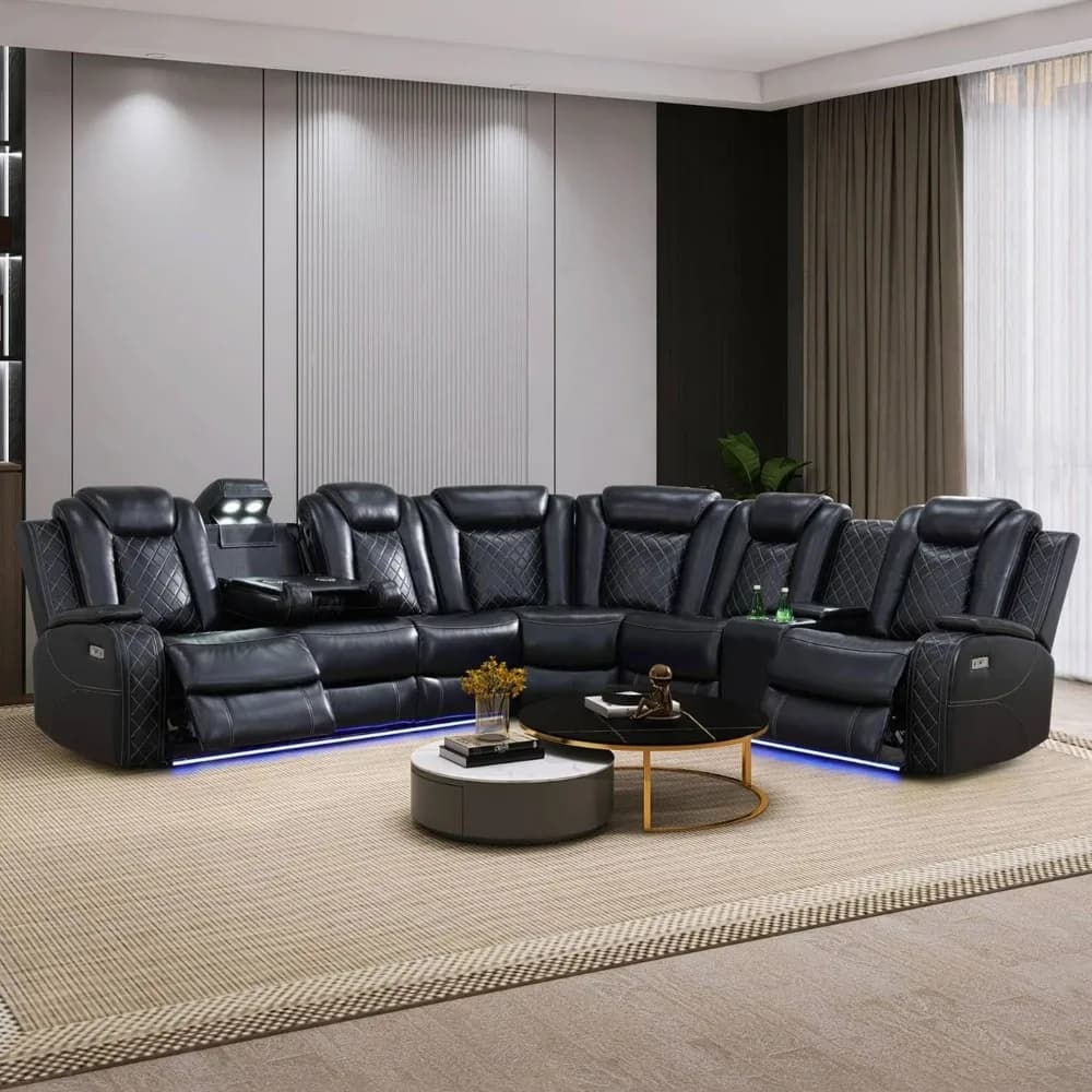 recliner.Black Leather Power Reclining Sectional Sofa,Sectional Couch with Recliner Living Room Set with LED Light/Read