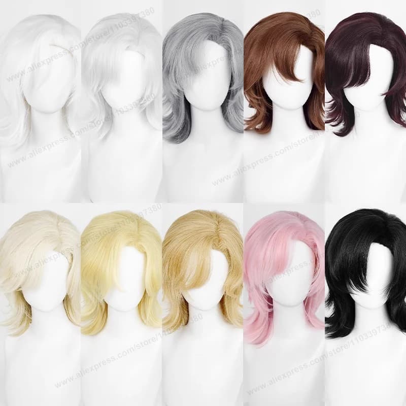 Anime 44cm Medium Basic Synthetic Side Part Hair Cosplay Wig Black White Red Silver Pink Blue Women Man Heat Resistant Hairs