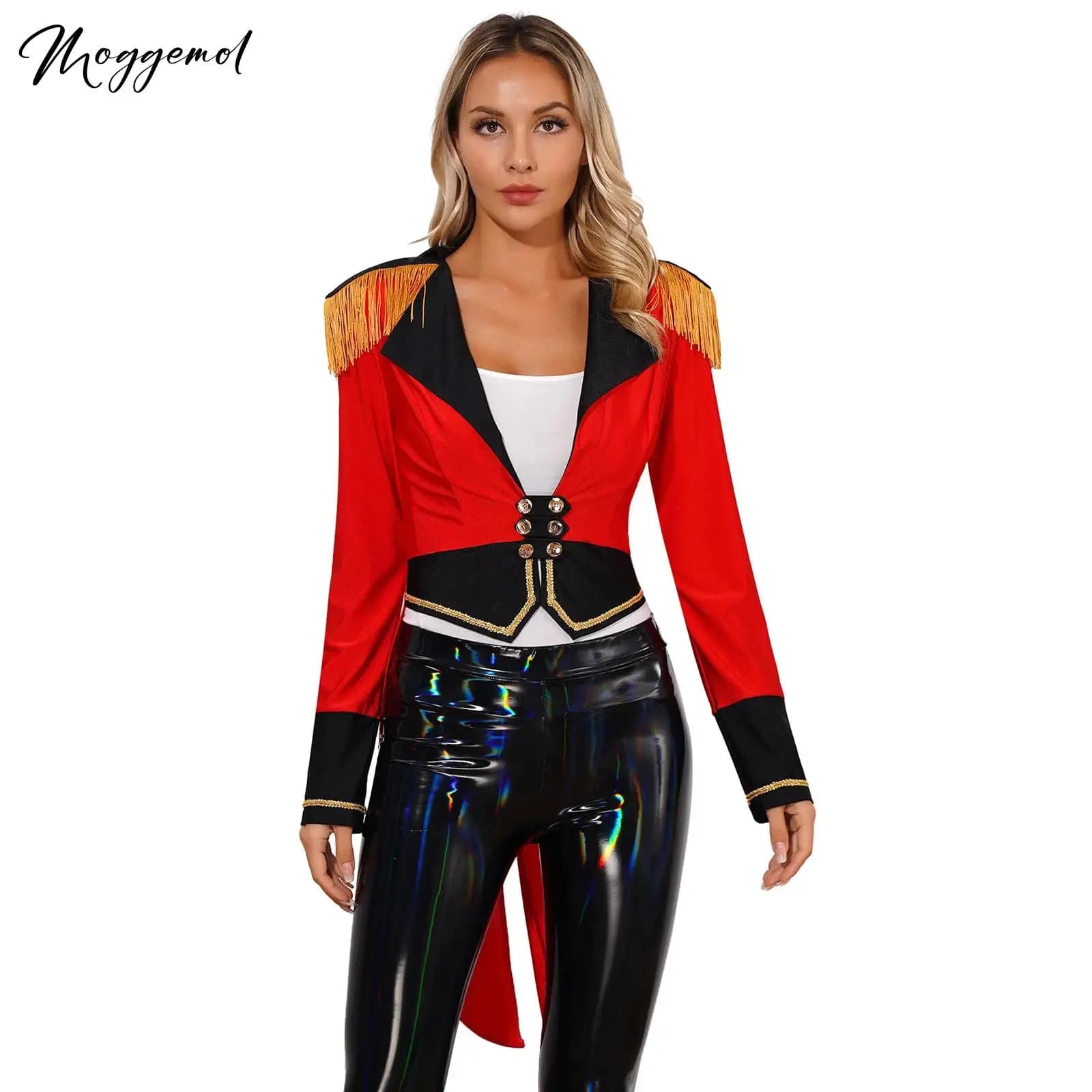Womens Circus Ringmaster Coat Costume Halloween Cosplay Club Party Jacket Long Sleeve Double-Breasted Tailcoat Carnival Dress Up