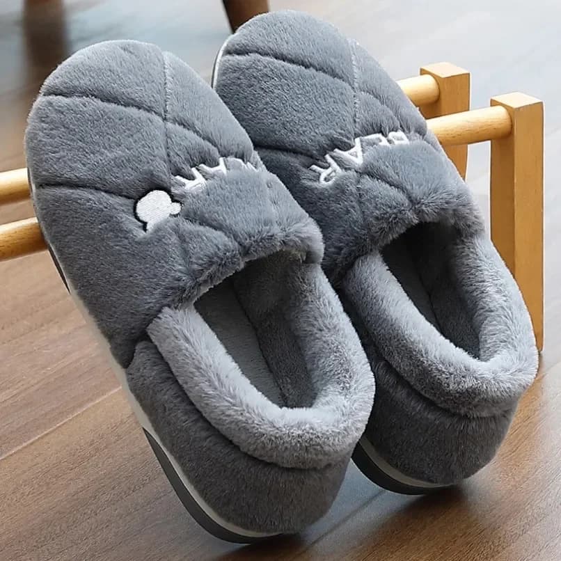 Home Slipper Men Cartoon Bear Fuzzy Winter Warm Plush Indoor Floor Non Slip Male House Room Shoes Footwear Furry Plus Large Size