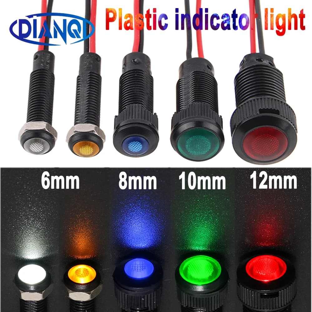 1/5pcs 6/8/10/12mm LED Indicator Light Plastic Black Signal Dot Lamp Red Yellow Amber Blue Green White 3V5V6V12V24V110V220V