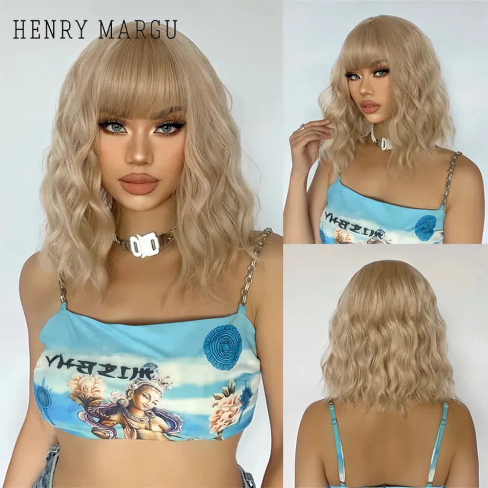 HENRY MARGU Short Bob Curly Blonde Wigs Synthetic Wigs with Bangs Shoulder Length Blonde Heat Resistant Hair Natural Daily Wig
