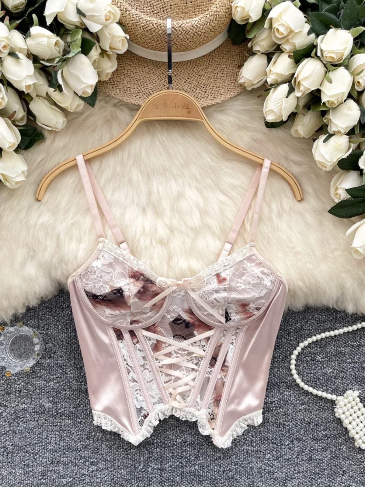 Foamlina Court Vintage French Suspender Tank Top Women's Summer Ins American Straps Lace Stitching Satin Babe Vest Corset Vest