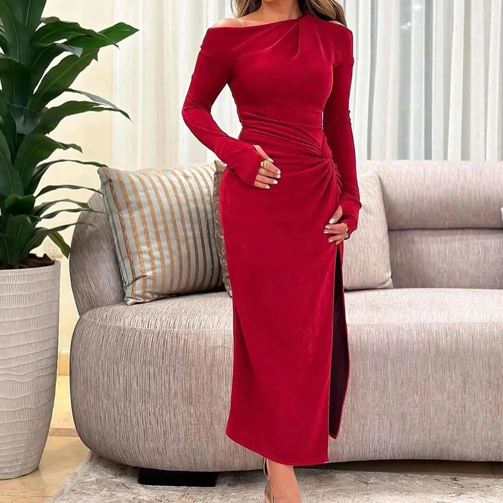 Modern Straight Ankle Length Strapless Jersey Long Sleeves Pleats Evening Dress Fashion Photo Color فساتين سهره نسائيه فخمة