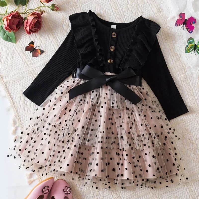 Girls Princess Dress Autumn Winter Long Sleeve Bow Polka Dot Mesh Patchwork Layered Dress 2-7 Years Party Birthday Kids Gowns