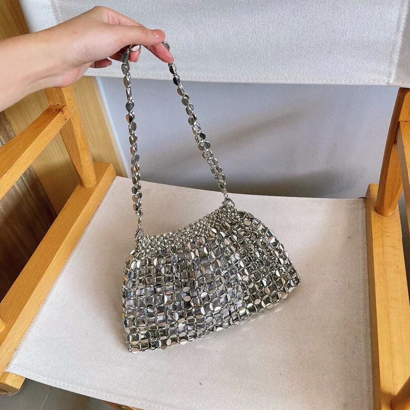 Vintage Bling Glittering Hand-woven Beaded Real Bag Metallic Sequin Bag Single Shoulder Underarm Bag Messenger Bag Evening Bag