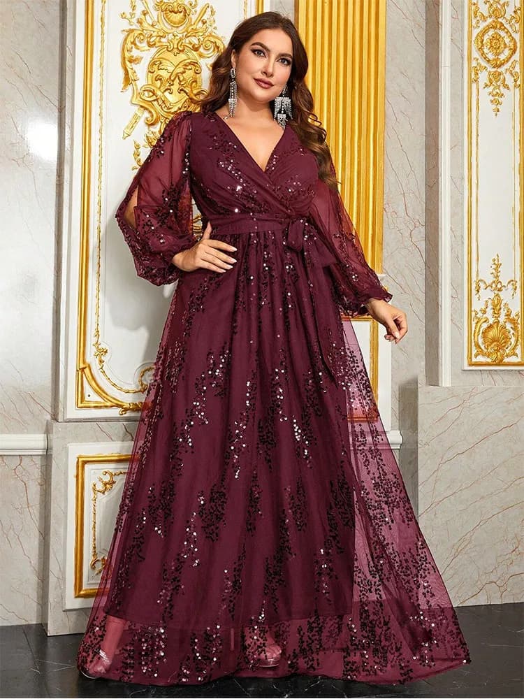 Plus Size Sequin Embroidery Sparkling Burgundy Floor Standing Banquet Evening Gown Big Size Luxurious Ball Party Prom Gown