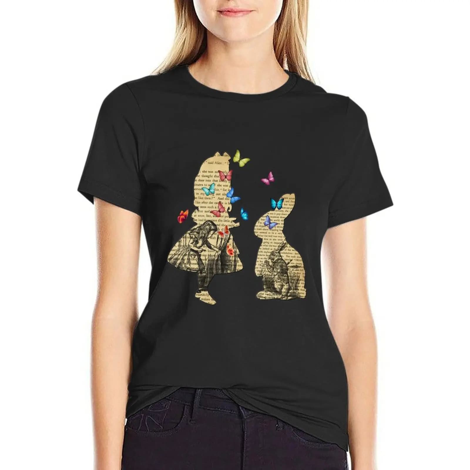 Alice & the Rabbit - Vintage Wonderland Book T-Shirt female sweat funnys graphics korean Women's clothes