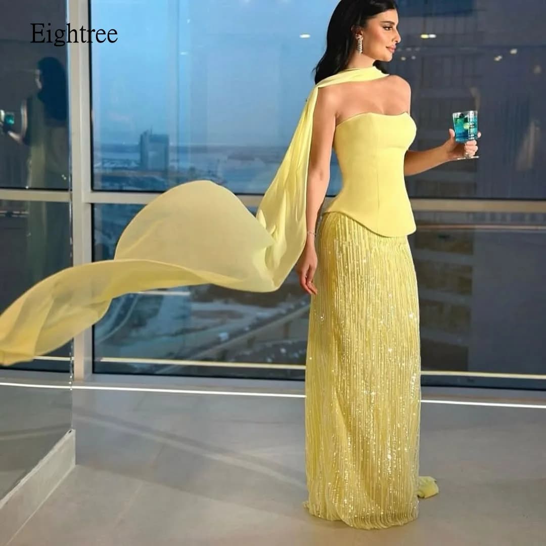 Eightree Shiny Yellow Strapless Mermaid Prom Gowns Backless Formal Party Gown Saudi Floor Length Evening Dress Customized