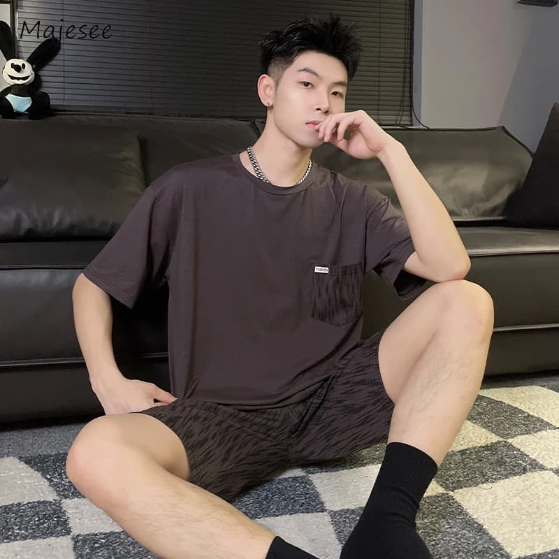 Pocket Pajama Sets Men O-neck Summer Korean Style Versatile Minimalist Comfortable Homewear Handsome Stylish Advanced Popular