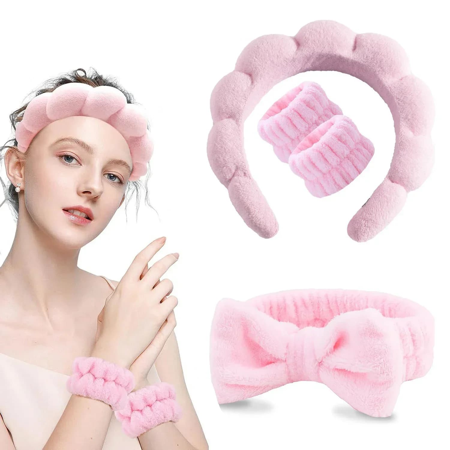4PCS Wash Face Headbands For Women Puffy Sponge Hair Bands Cuff Waterproof Bands Absorbent Wristbands Women Hair Accessories Set