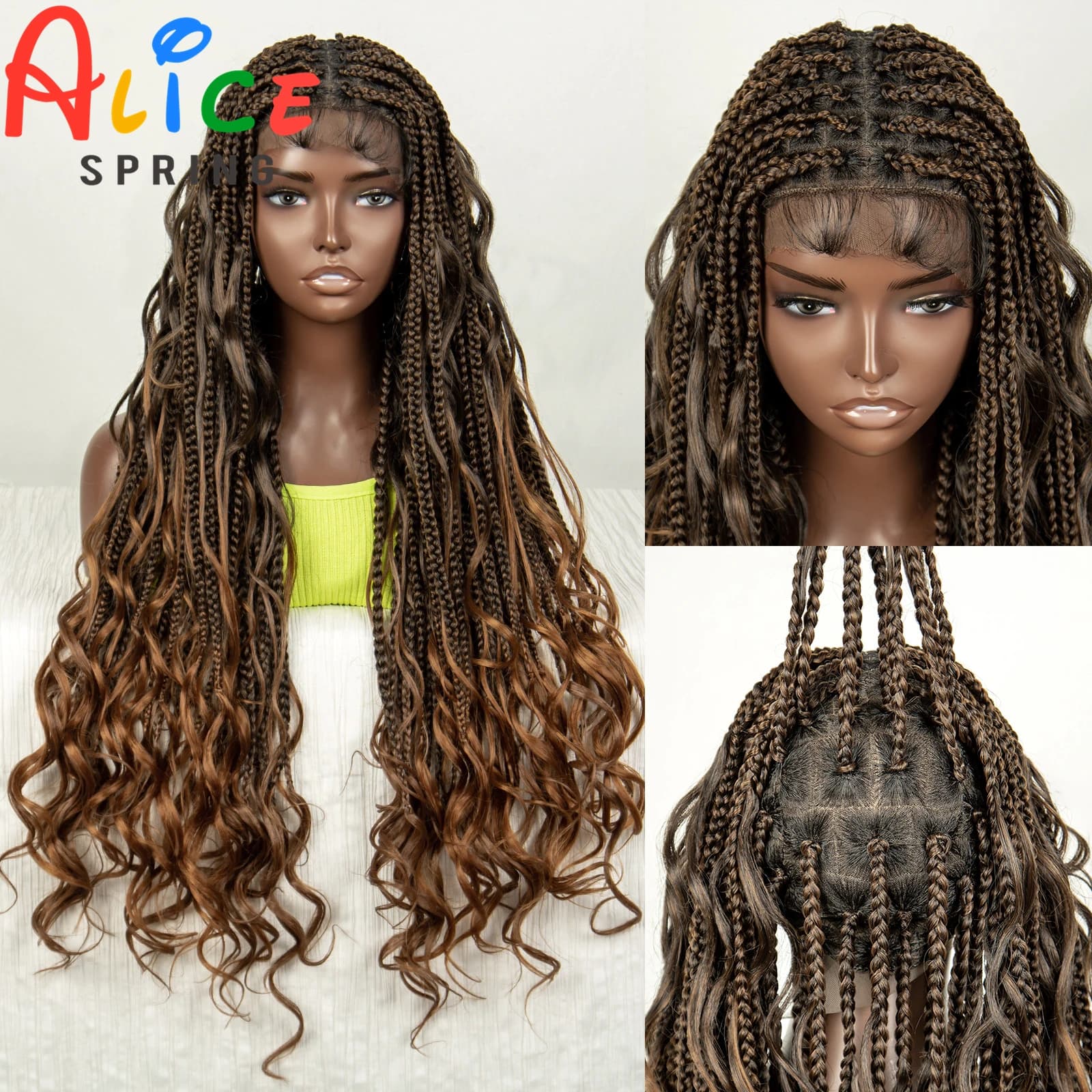 34 Inches 1B-30 Color Synthetic Curly Braided Wigs Deep Wave Full Lace Knotless Box Braided Wigs With Baby Hair For Black Woman
