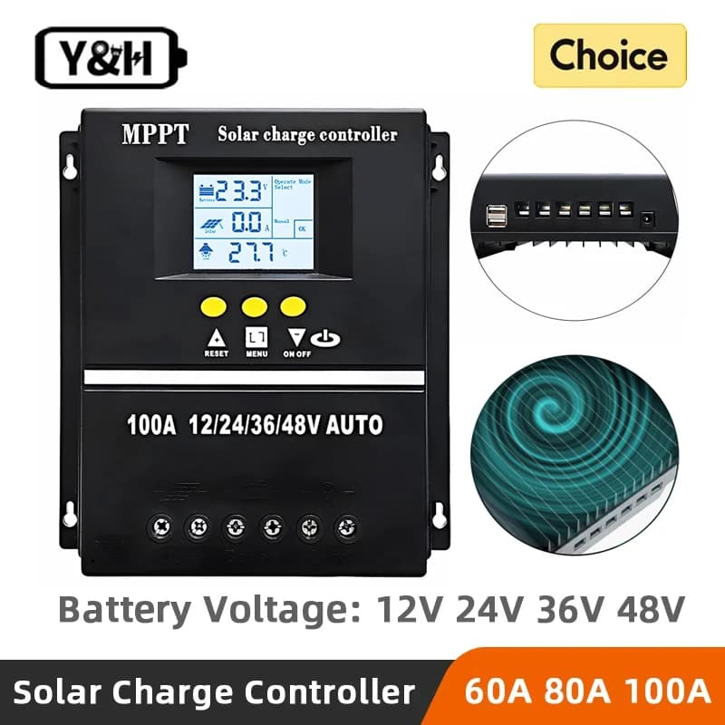 Y&H MPPT 60A 80A 100A Solar Charge Controller with LCD Dual USB Output, 12V 24V 36V 48V Lead Acid Lithium Batteries Charger