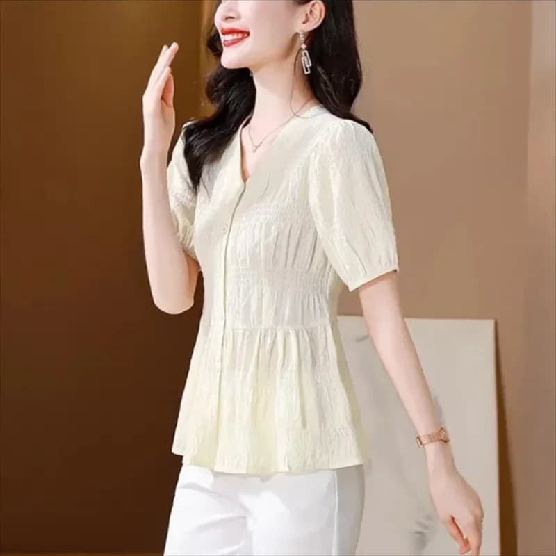 Loose Blouses Summer Cardigan Top For Women Short Sleeve Shirt Belly Covering Top Woman Pleated Tunic Slim Shirt Grace Female