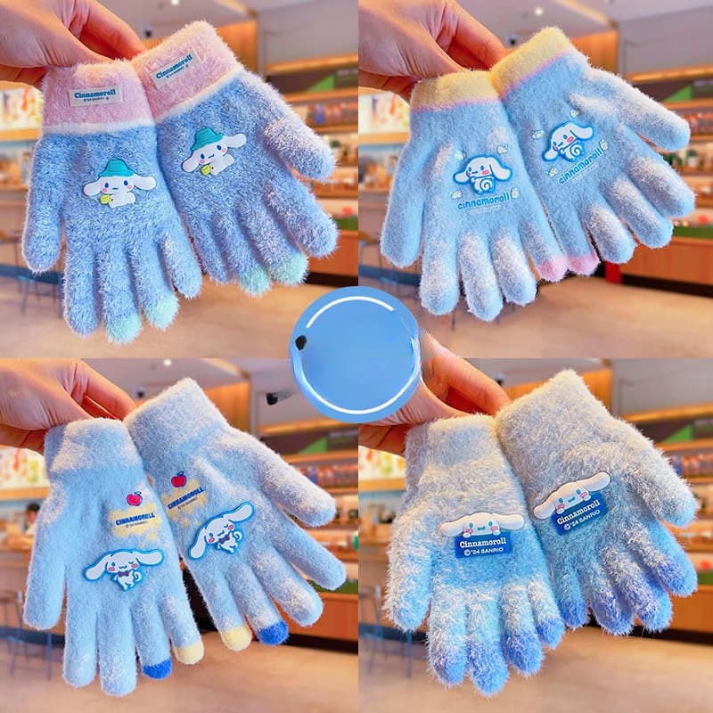Sanrio Gloves Kawaii My Melody Kuromi Cold-Proof Winter Finger Gloves Plush Screen Touch Warm Children Toddler Christmas Gifts