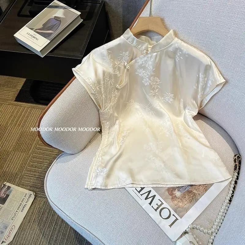 New Chinese Style Women Short Sleeve Printed Stand-Up Collar Shirt Temperament Elegant Women's Shirt Retro Summer Light Soft Top