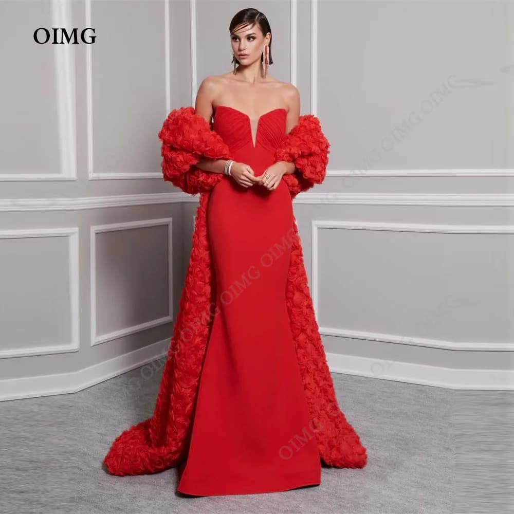 OIMG Flwoers Wedding Party Dress Red Evening Bride Ball Gown Court Train Princess Strapless Party Vestido de Noiva Customized