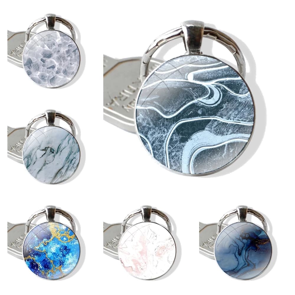 Chic Printing Marble 25mm Glass Cabohcon Keychain Key Rings for Women Men Jewelry Gift