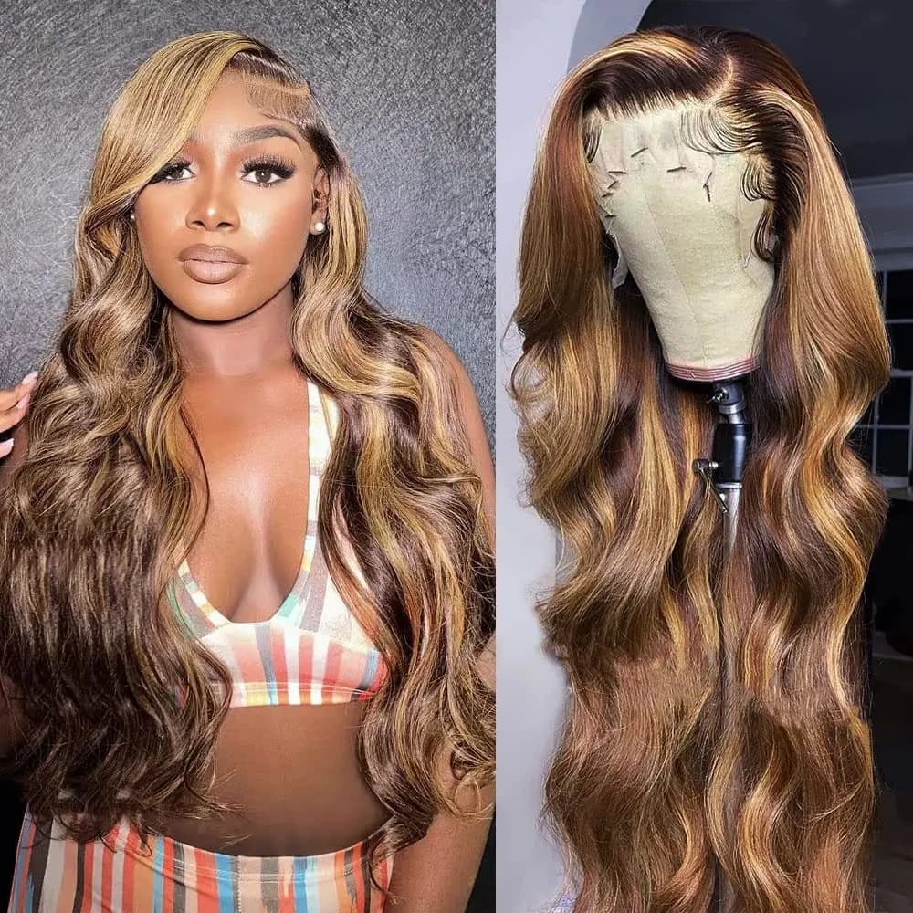 38In 4/27 Colored Highlight Body Wave Human Hair Wig Transparent Honey Blonde Ombre Remy 13x6 HD Lace Frontal Wigs For Women