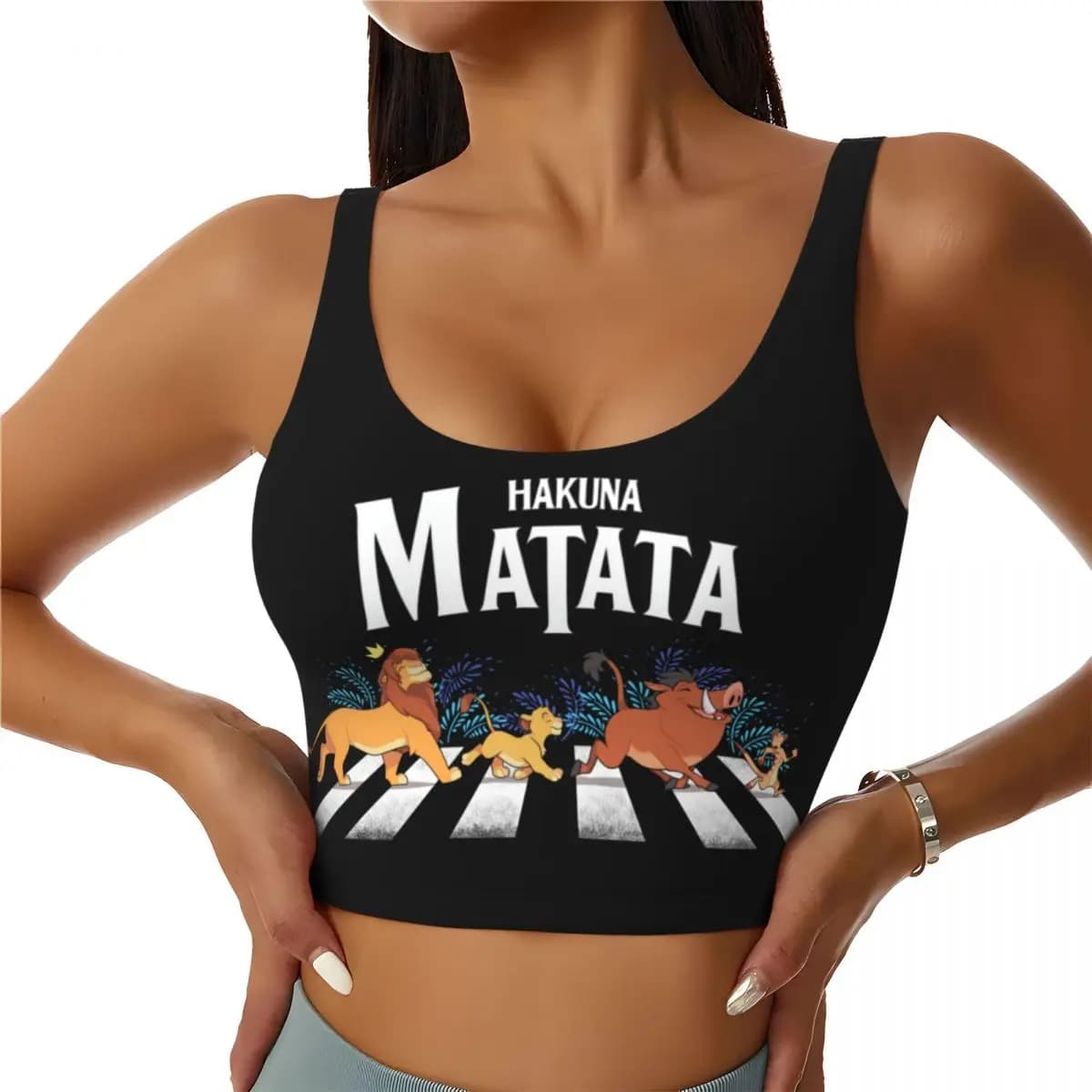 Custom Women's Hakuna Matata Cartoon Fan Sports Bras Funny Animal Film The Lion King High Impact Gym Workout Crop Tank Tops