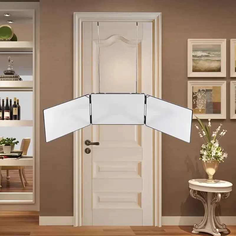 Foldable 360 degree three fold portable mirror with height adjustable telescopic hook, perfect for self hair cutting and makeup