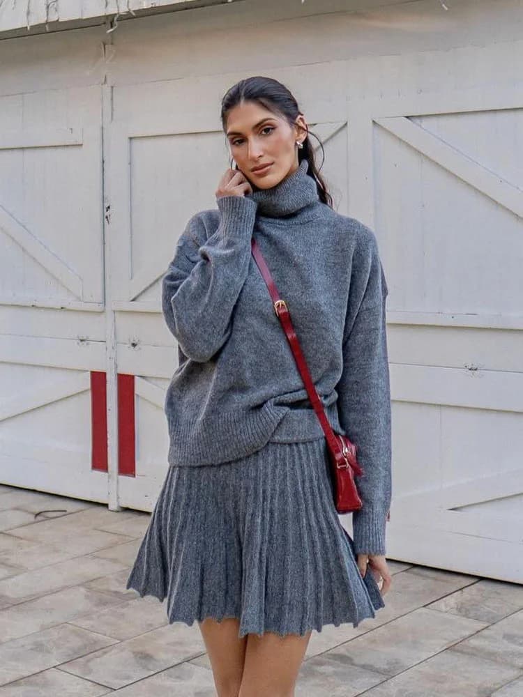 HH Fashion Women's High Neck Vintage Loose Knitted Suit Women Cropped Sweater Long Sleeve Female Pullovers Chic Tops Skirt