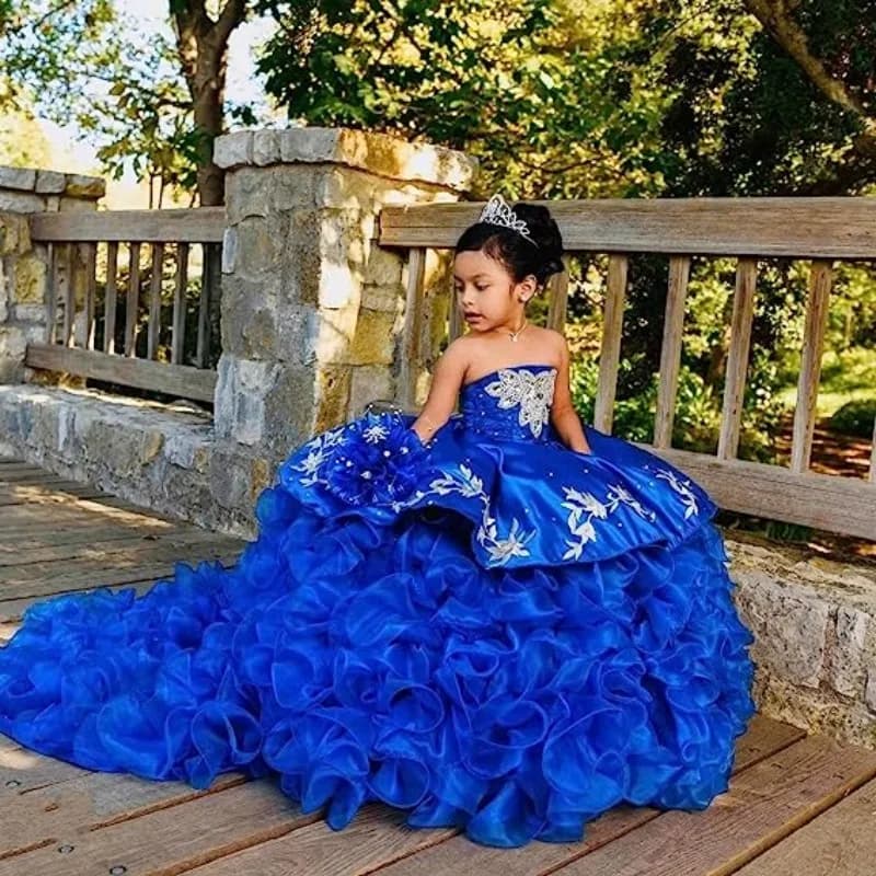 EVLAS Customized Royal Blue Cute Flower Girl Dress For Weddings Applique Beaded Kids Pageant Gown First Communion Dress TFD125