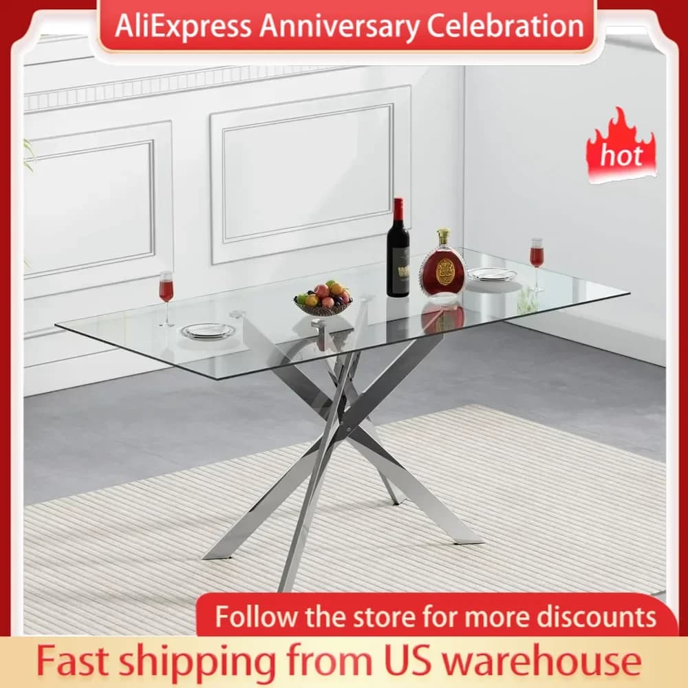 Glass Dining Table Modern Kitchen Glass Top Tables for 4 with Chrome Plated Metal Legs,51"Rectangular Dining Table Kitchen Table