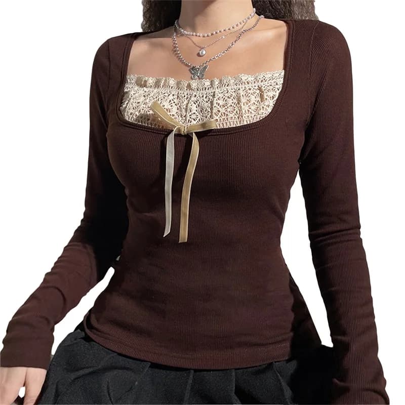 Elegant Long Sleeve Knit Top with Delicate Lace Detailing Chic Bowknot Embellishment -Fit Pullover for Women s Casual Wear