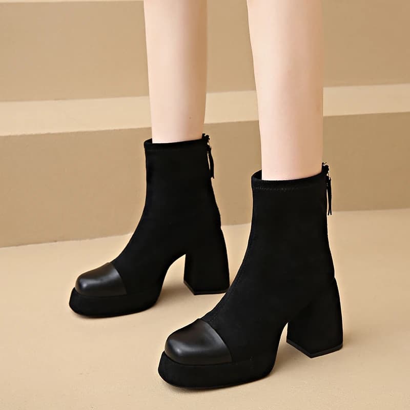 Winter New Style Square Toe Fashionable Back Zipper Thick Heel Women's Boots Suede Elegant Warm Non-slip Women's High Heels