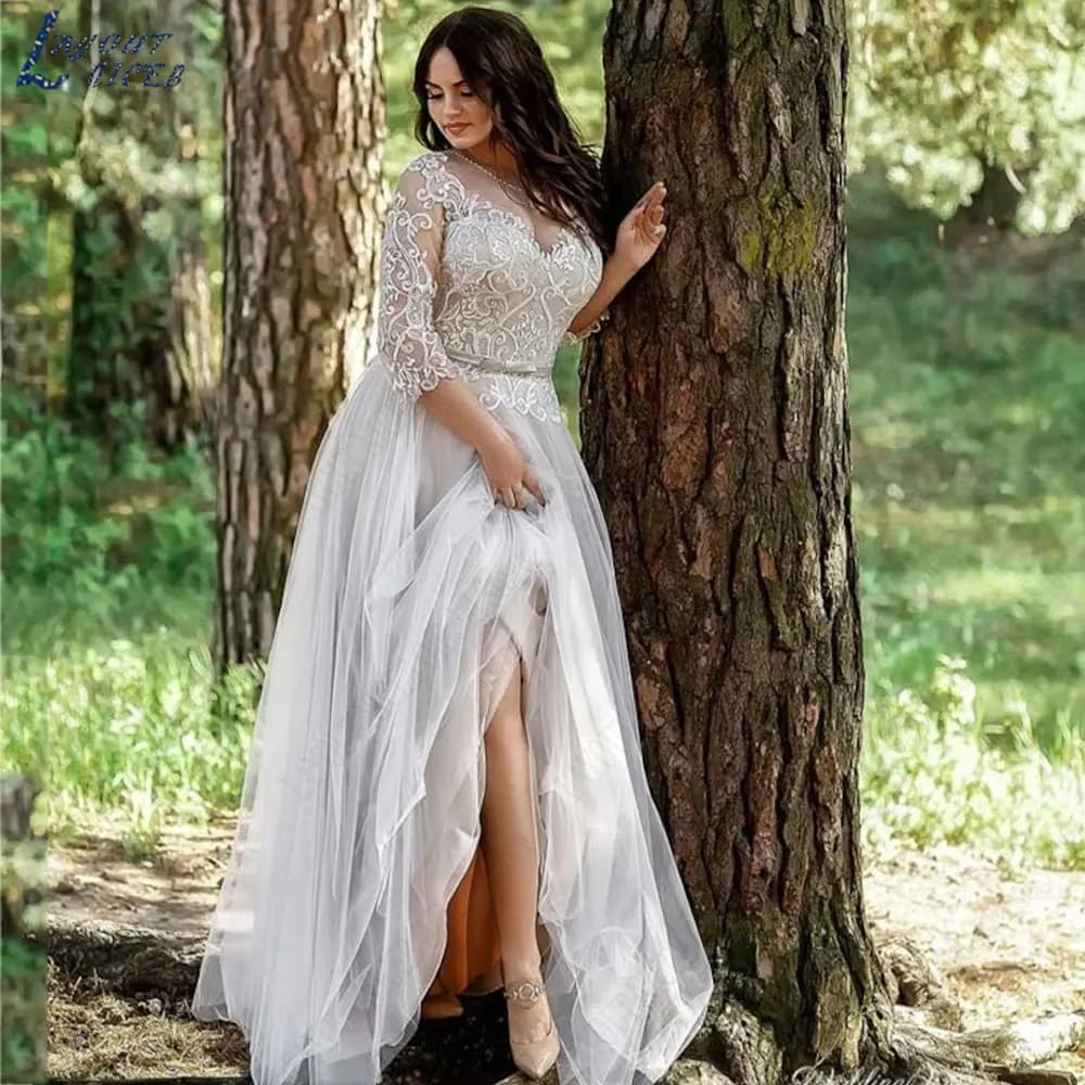 LAYOUT NICEB Plus Size Lace Appliques Wedding Gowns V-Neck Three Quarter Sleeves Bride Dresses Side Split vestidos para mujer