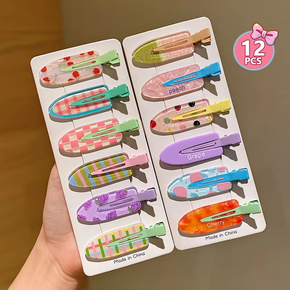12 Pieces of Multi-Color Colorful Hair Clips with Side Bangs, Duckbill Clips for Flyaway Hair, Sweet Girl's Simple Hair Clips