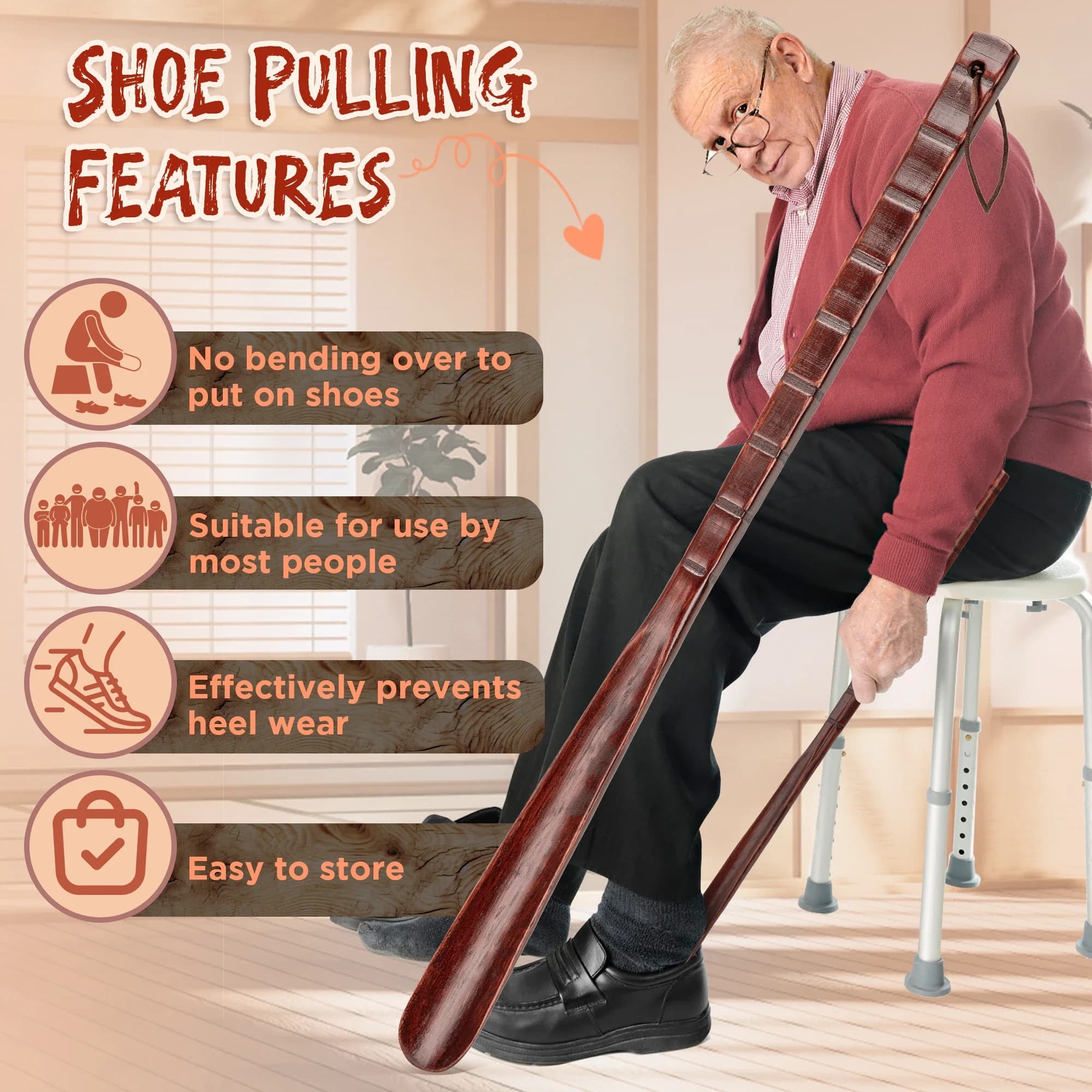 54CM Wooden Shoehorn Long Handle Beech Shoe Horn with Leather Strap Flexible shoe Lifter Extra Long Comfortable Wood Shoe Horns