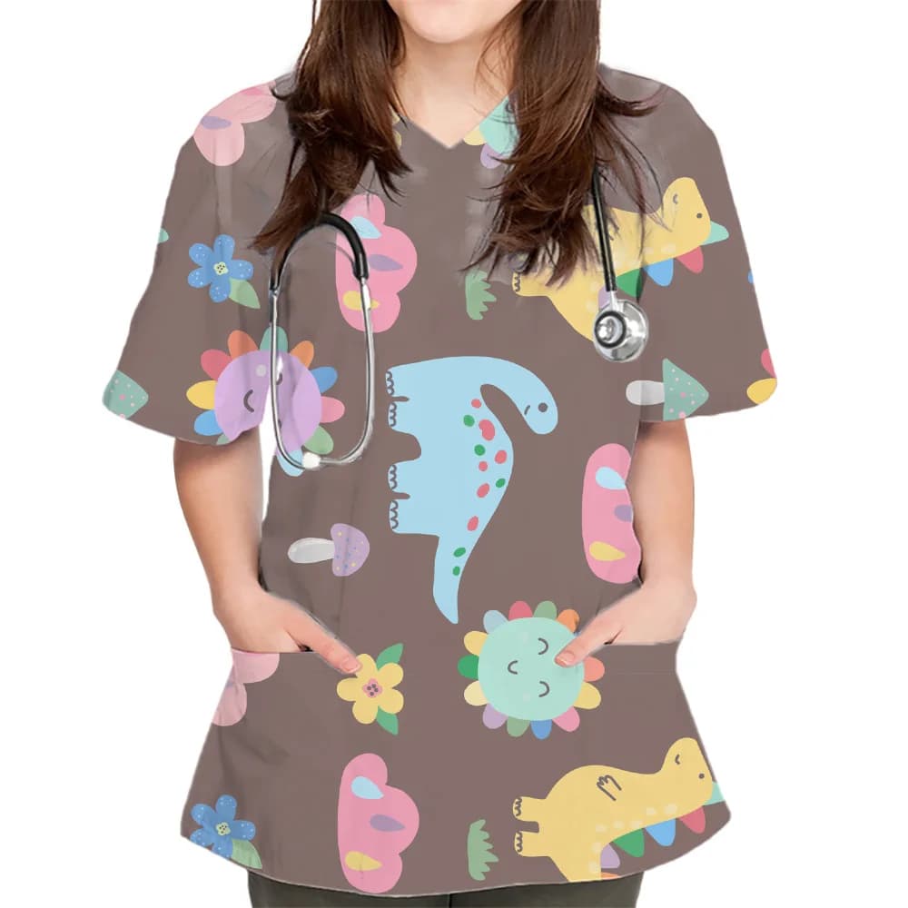 Women Scrub Working Uniform Tops Cute Dinosaurs Printed V-Neck Tees With Pockets Dentist vet Nurse Surgical Uniforms Nursing