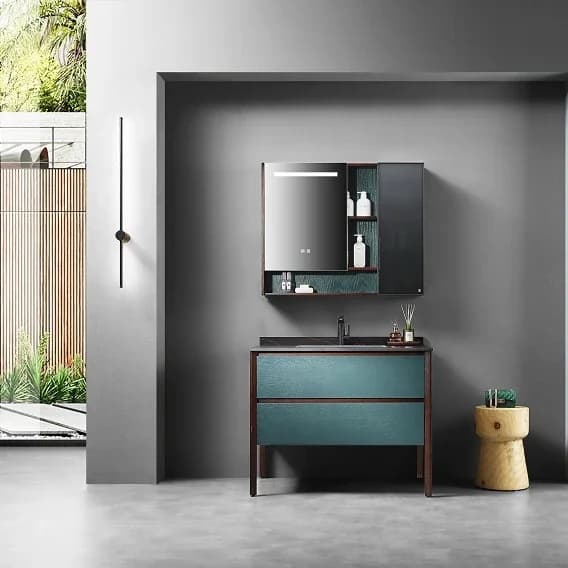 Cold pine green mounted mirrored smart mirror cabinet with led light bathroom led