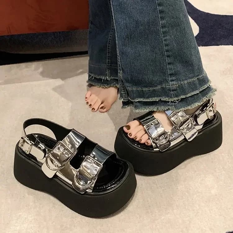 7CM Thick Platform Open Toe Sandals Women 2024 Summer New Fashion Female Metal Silver Belt Buckle A Word Roman Sandals Women