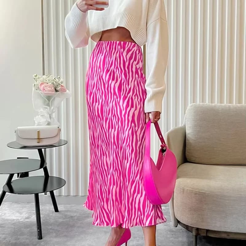 Elegant Zebra Summer Skirts Women High Waist Satin Pink Long Dresses Vintage Fishtail Skirt Fashion Lady Women Clothing