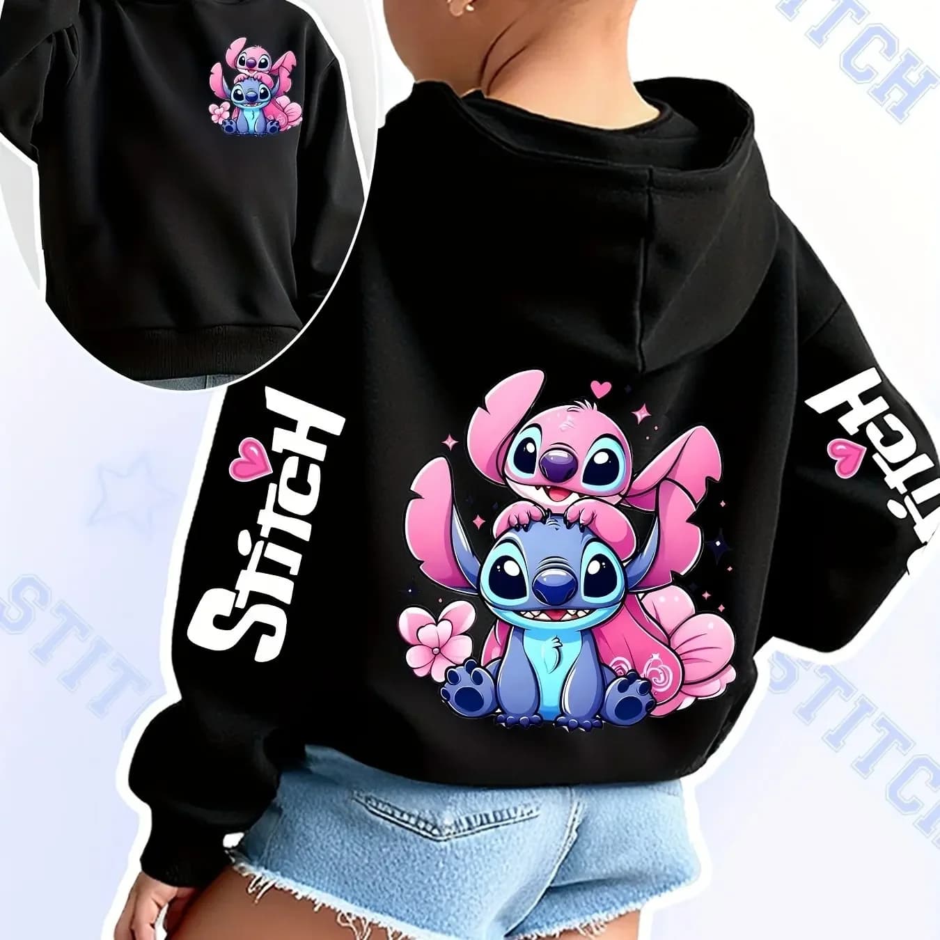 2025 Disney Hoodies Fashion Stitch Angel Monster Pocket Sweatshirt Pullover Cute Hoodies Girls Kids Sweatshirt Cartoon Tops Y2k