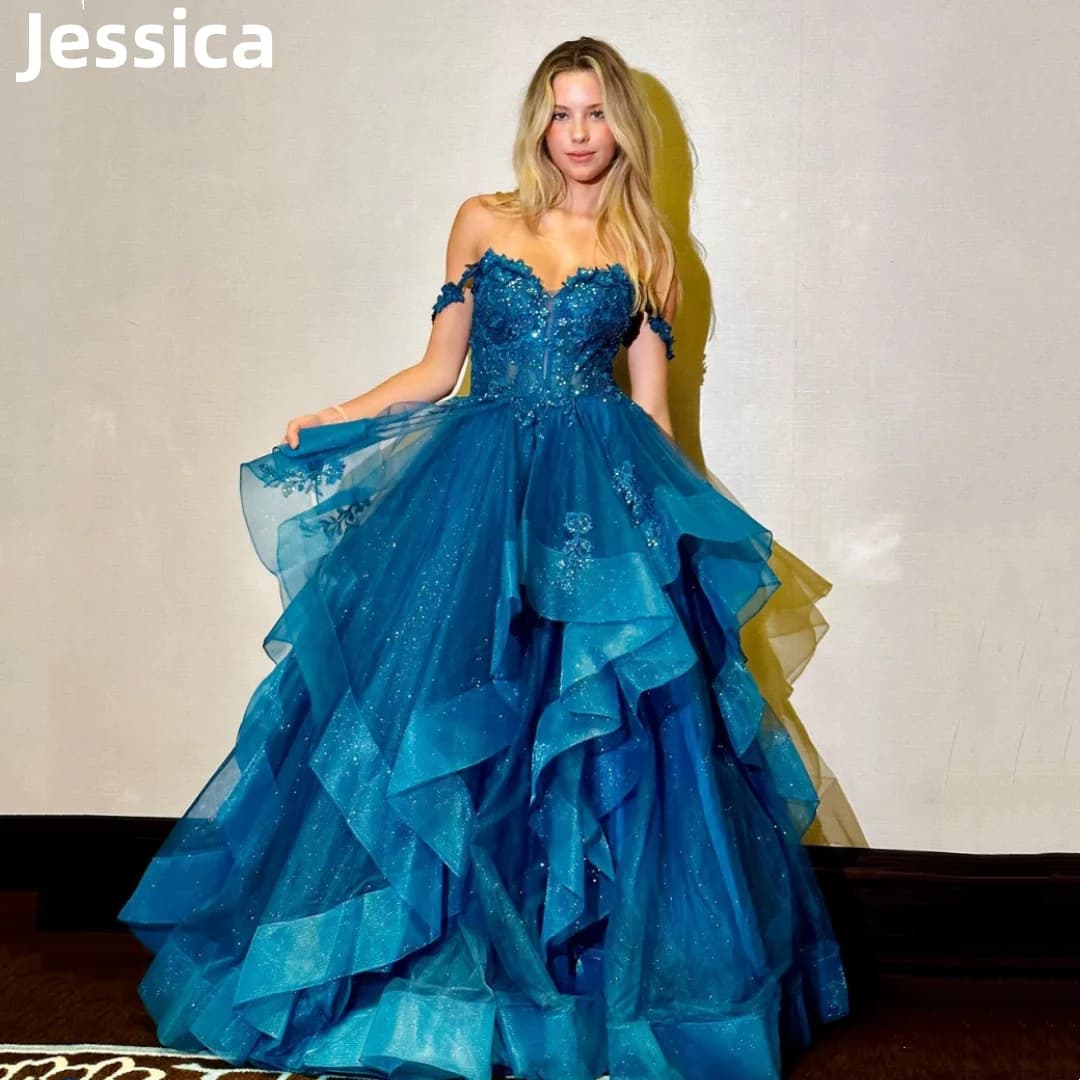 Jessica Glitter Lace Embroidery Prom Dresses Tulle Ruffled Blue Evening Dresses A-shaped Party Dresses Wedding Dress Customized