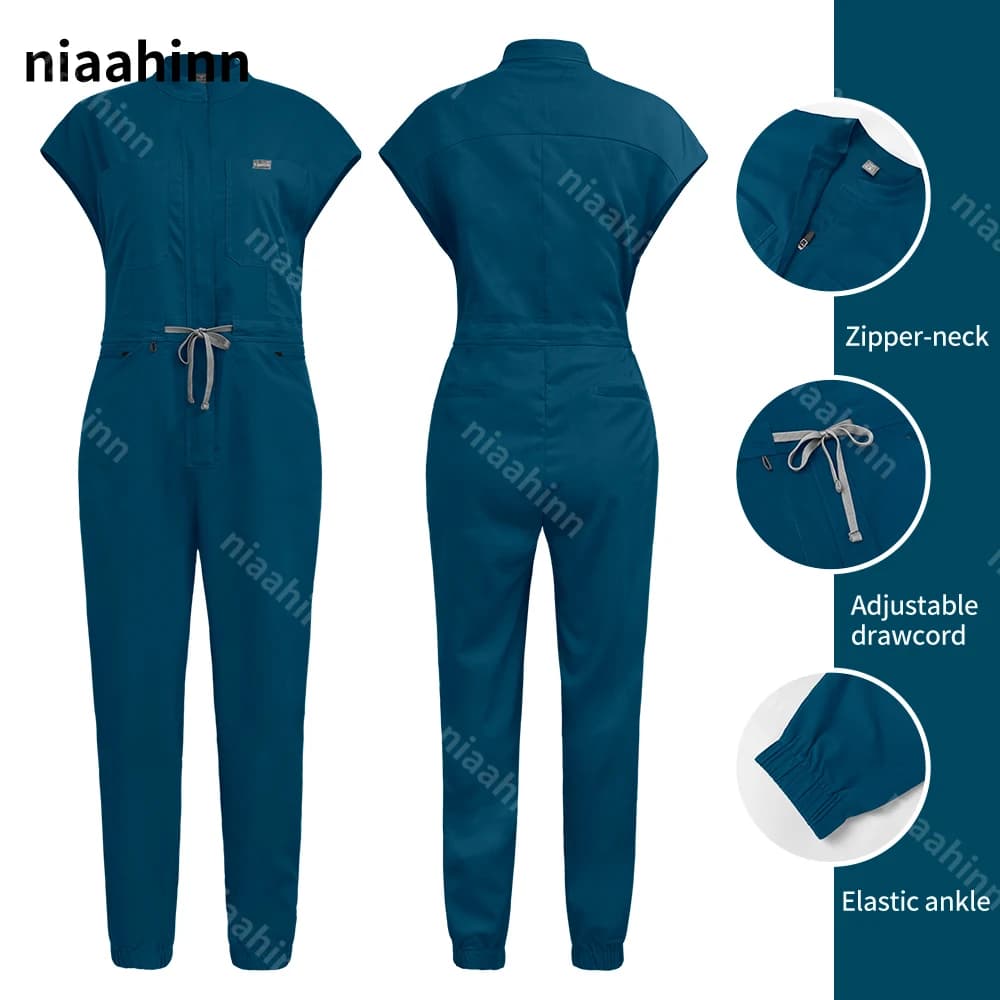 Niaahinn Scrubs Uniforms Pet Clinic Nurse Scrubs Jumpsuit Solid Color Pharmacist Workwear Unisex Hospital Work One-piece Garment